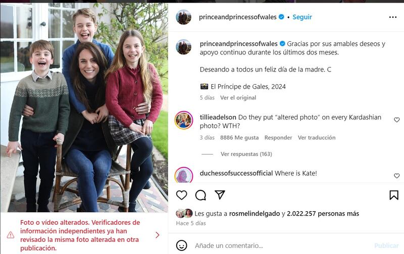 El polémico post con la foto editada de Kate Middleton