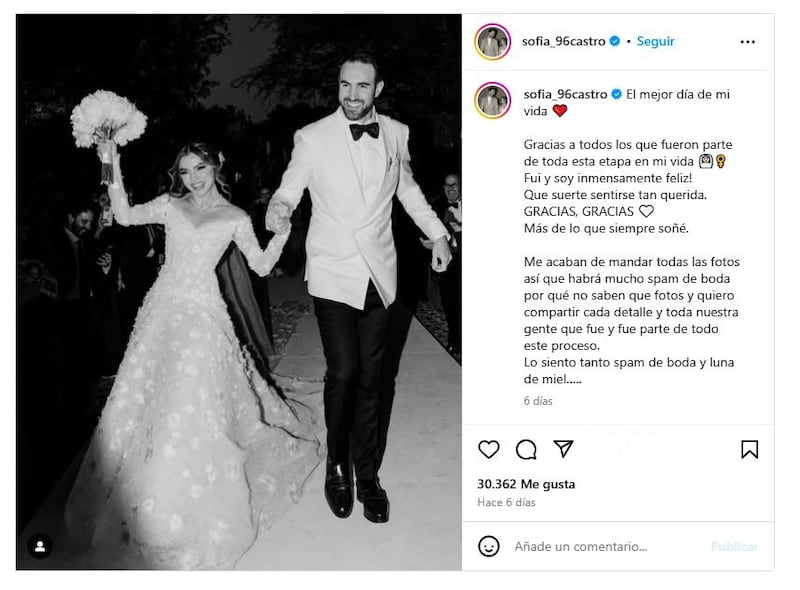 Sofía Castro y Pablo Bernot tuvieron dos bodas elegantes y lujosas