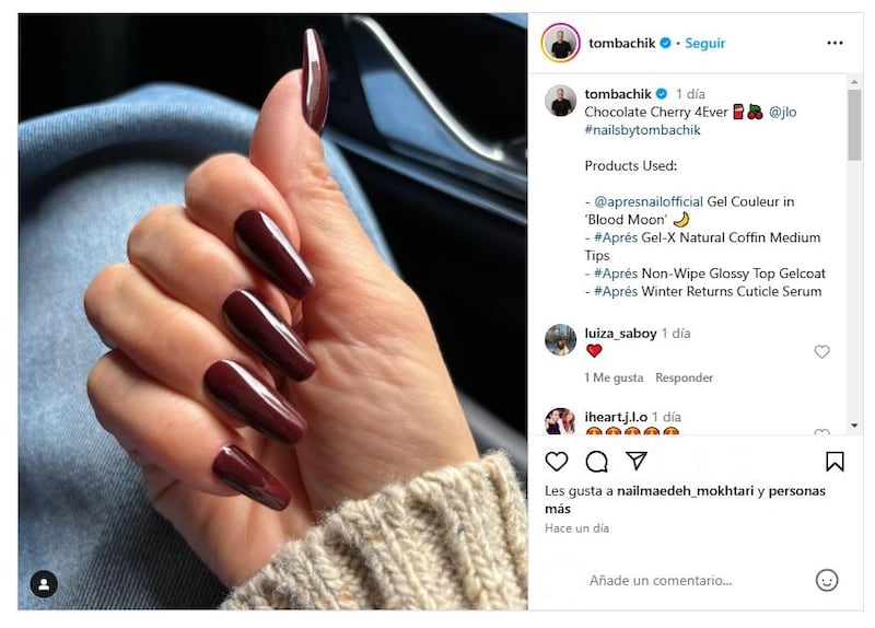 Las uñas 'cherry chocolate' son la última tendencia en manicura impuesta por Jennifer Lopez