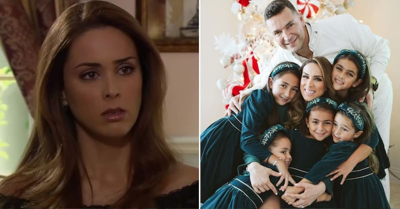 Jacky Bracamontes en 'Rubí' y en la actualidad junto a su familia