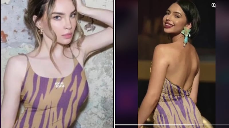 Ángela Aguilar usó un conjunto de top y pantalón con le mismo estampado del vestido que Belinda presumió en su Instagram