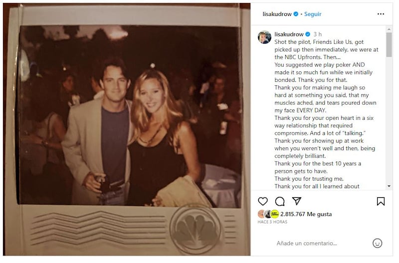 Lisa Kudrow escribió un emotivo mensaje de despedida y agradecimiento a Matthew Perry