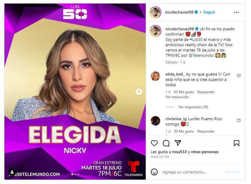 Nicole Chávez es una de las participantes confirmadas de 'Los 50'