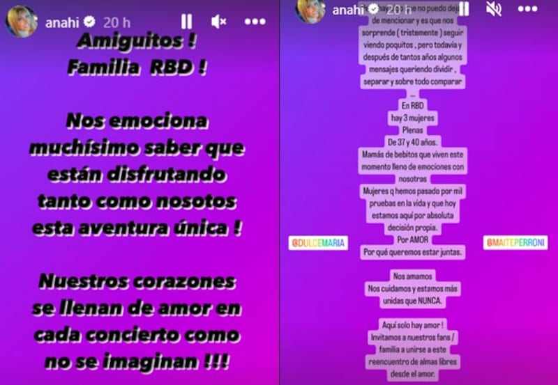 Anahí mensaje apoyo Dulce María y Maite Perroni