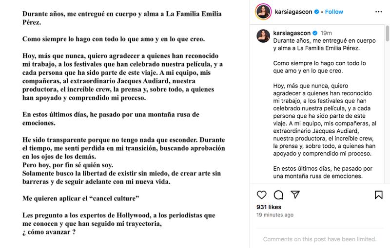 Comunicado de Karla Sofía Gascón en Instagram