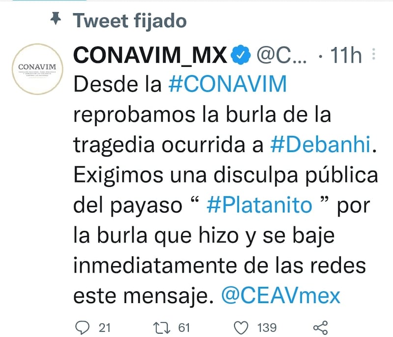 En el Twitter de la Conavim se exige a Platanito una disculpa pública.