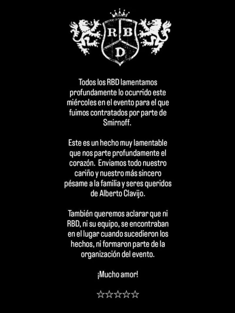 Comunicado de RBD por la muerte de Alberto Clavijo.