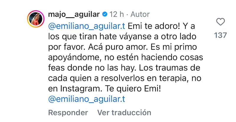 Majo Aguilar contesta felicitación de su primo Emiliano Aguilar