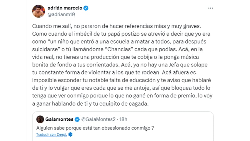 “Hablaré de ti”: Adrián Marcelo arremete nuevamente en contra de Gala Montes y así reaccionó ella