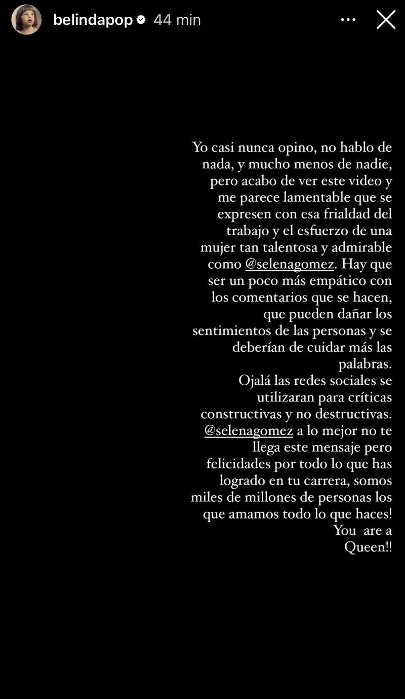 Belinda defiende a Selena Gomez tras comentarios de Eugenio Derbez.