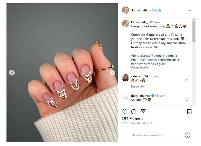 Las uñas 'gingerbread' se inspiran en una de las preparaciones culinarias tradicionales de la Navidad