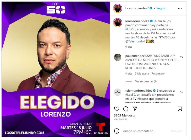 Lorenzo Méndez es uno de los participantes confirmados de 'Los 50'