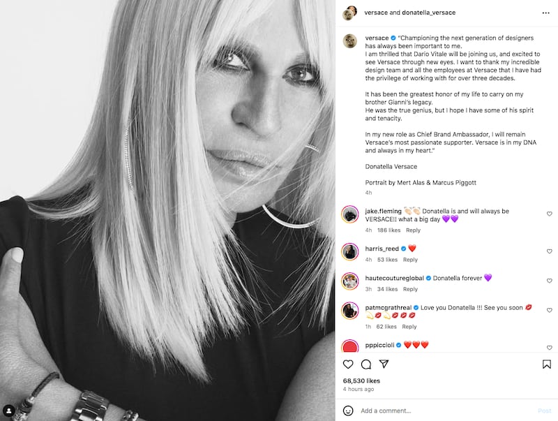 Comunicado de Donatella Versace en Instagram