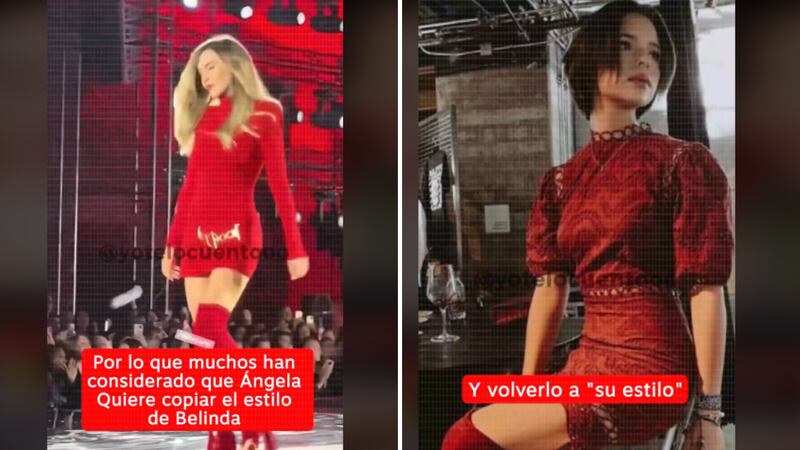 En el desfile de L'Oréal, Belinda lució un minivestido rojo con mangas largas y botas del mismo tono hasta la rodilla. Outfit similar también usó Ángela, pero con mangas abollonadas y en un tono de rojo más oscuro.