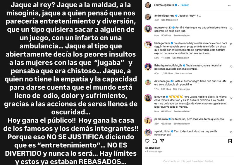 Comunicado de Andrea Legarreta en Instagram