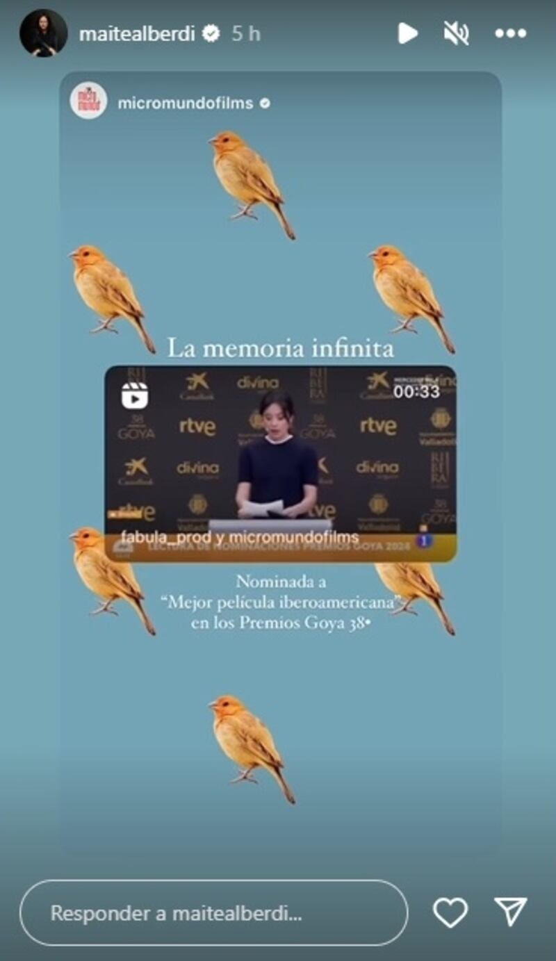 La directora chilena evidenció en redes sociales su satisfacción por la nominación de su documental "La memoria infinita" a los Premios Goya 2024.