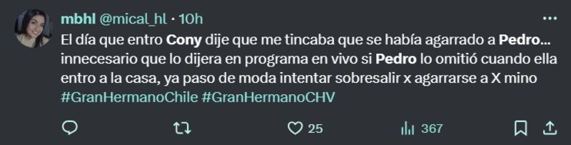 Reacción comentario de Cony Capelli sobre Pedro Astorga |  Twitter