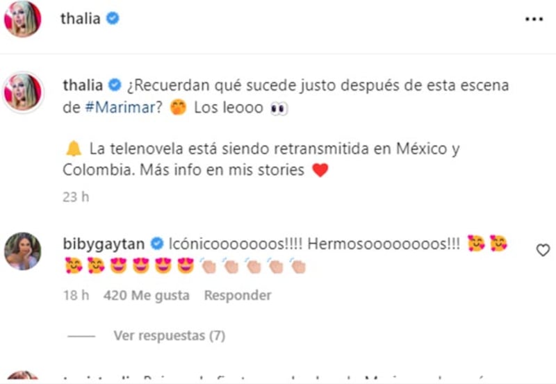 Thalía publica foto de Marimar con Eduardo Capetillo y Biby Gaytán la apoya