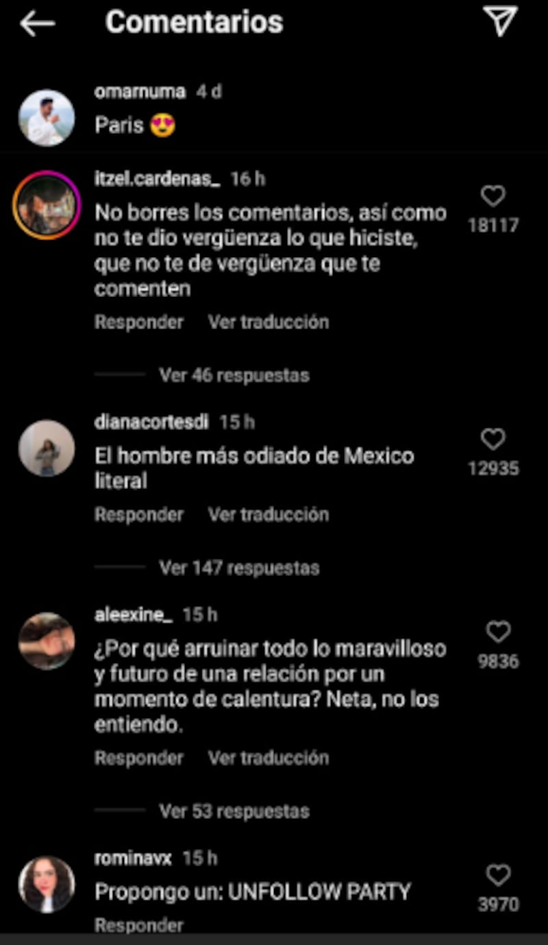 Comentarios de hate que le han dejado a Omar Núñez en sus redes