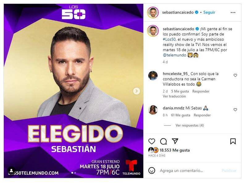 Sebastián Caicedo es uno de los participantes confirmados de 'Los 50'